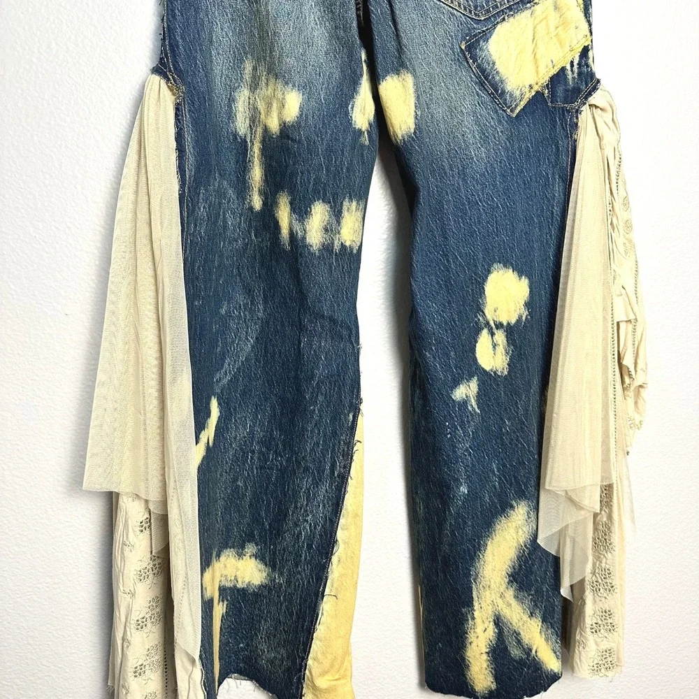 RARE We The Free People Martha Lace Bleach Ruffle Wide Leg Flare Jeans Indigo 28